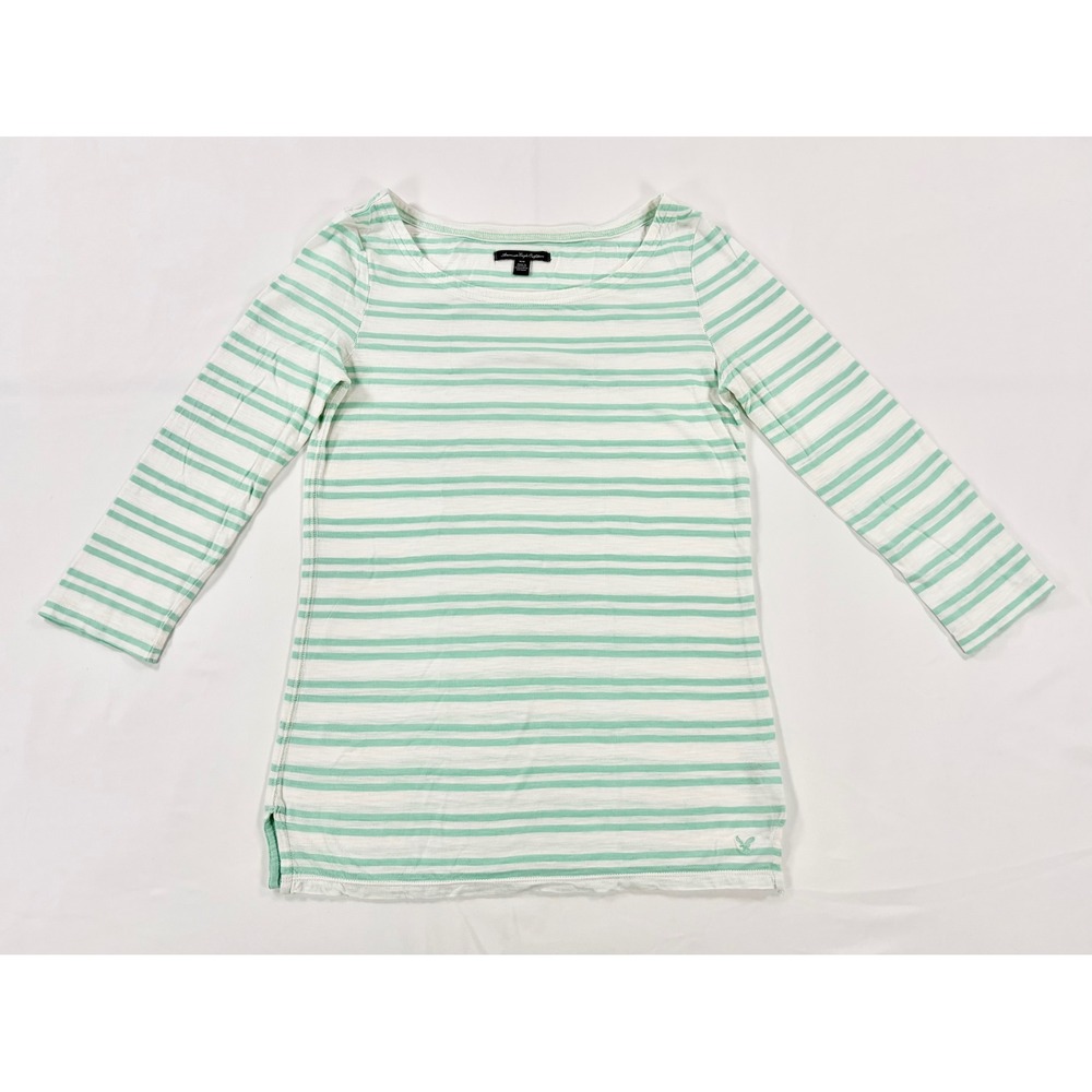 American Eagle Striped 3/4‎ Sleeve Top Womens Medium Mint Green White Scoop Neck